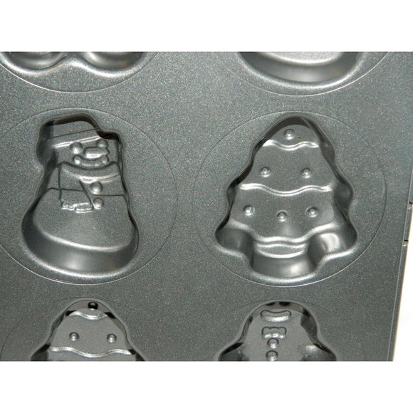 Christmas Cake Pan Mini Tree Snowman Gingerbread Man 6 Cavity Non Stick - Picture 2 of 5